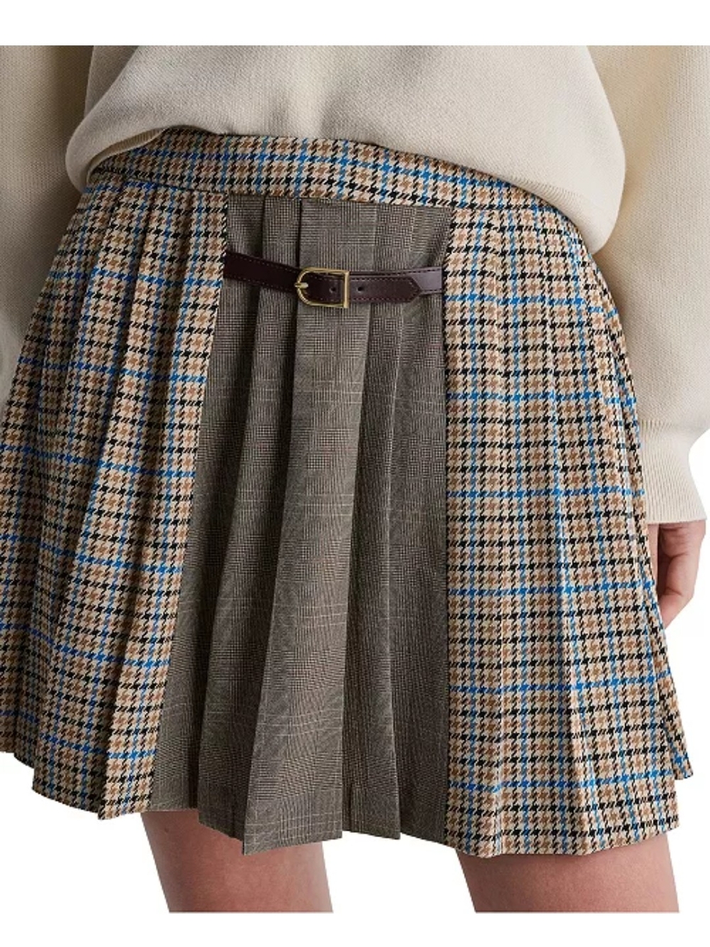 BCBG Plaid Pleated Mini Skirt in Brown, Blue & Cream